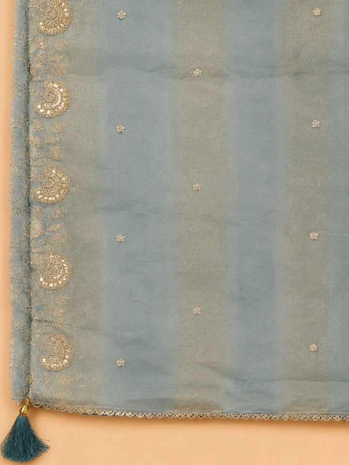 Grey Embroidered Tissue Unstitched Suit &amp; Pant With Tissue Dupatta