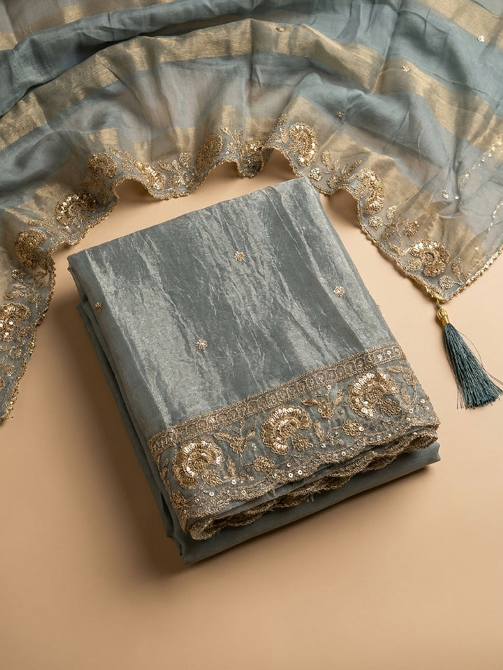 Grey Embroidered Tissue Unstitched Suit &amp; Pant With Tissue Dupatta