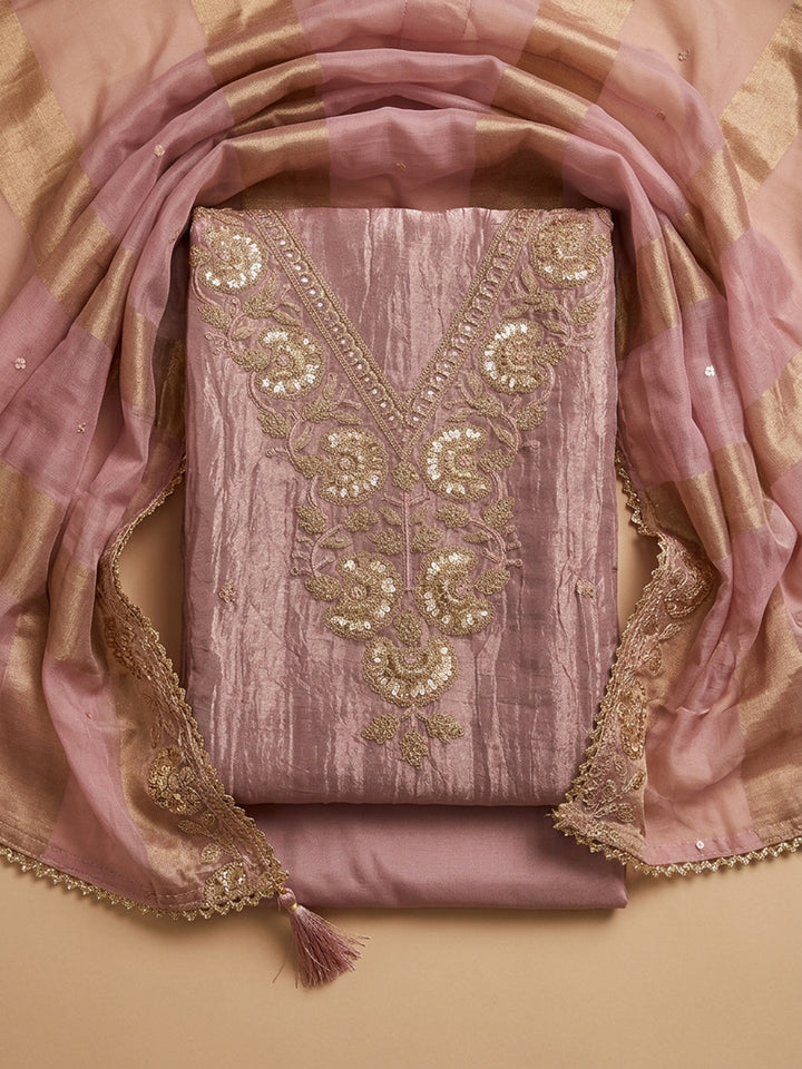 Pink Embroidered Tissue Unstitched Suit &amp; Pant With Tissue Dupatta