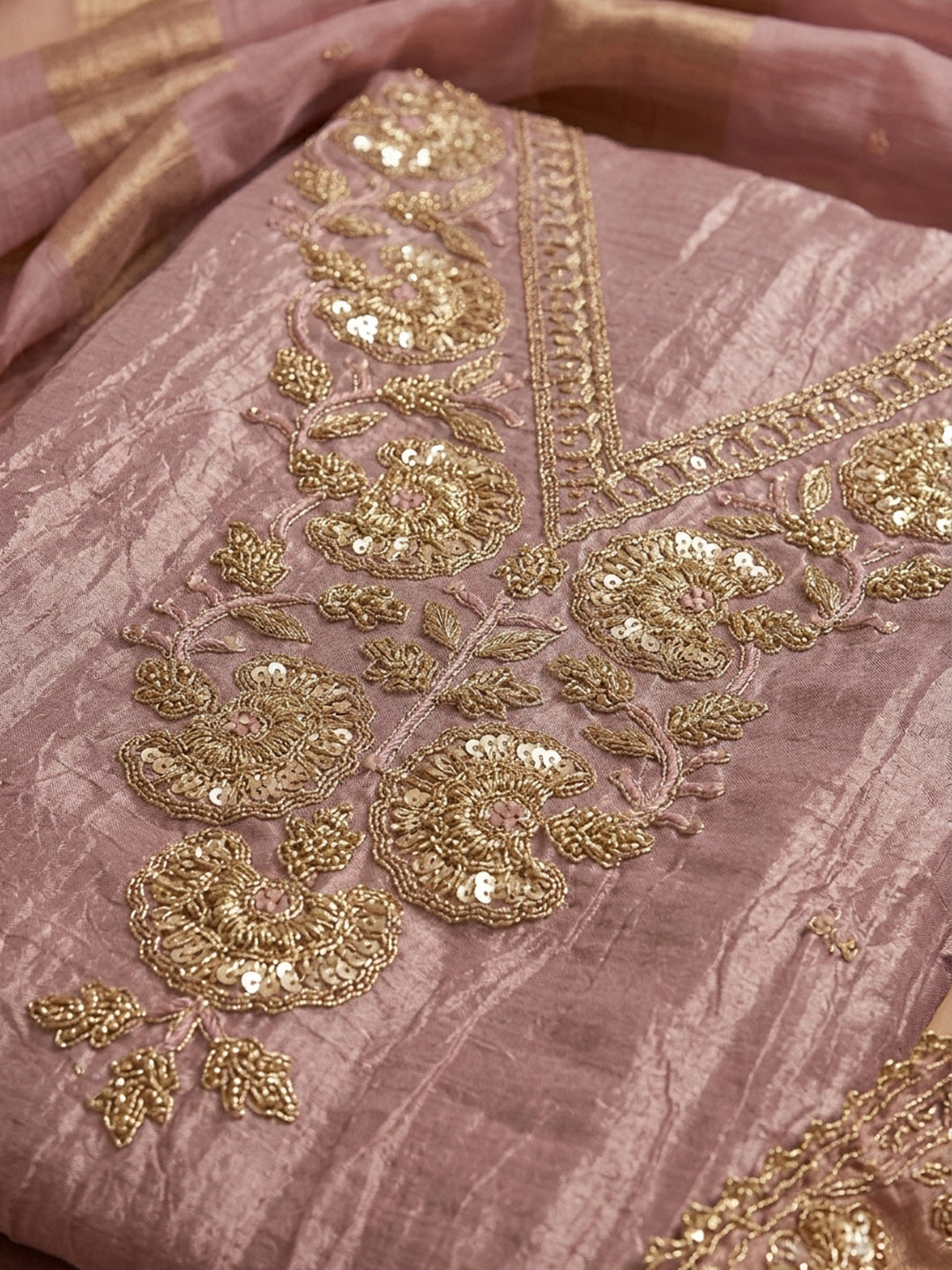 Pink Embroidered Tissue Unstitched Suit &amp; Pant With Tissue Dupatta