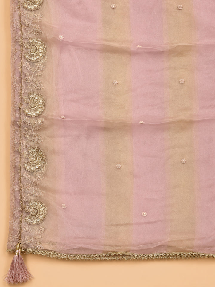 Pink Embroidered Tissue Unstitched Suit &amp; Pant With Tissue Dupatta