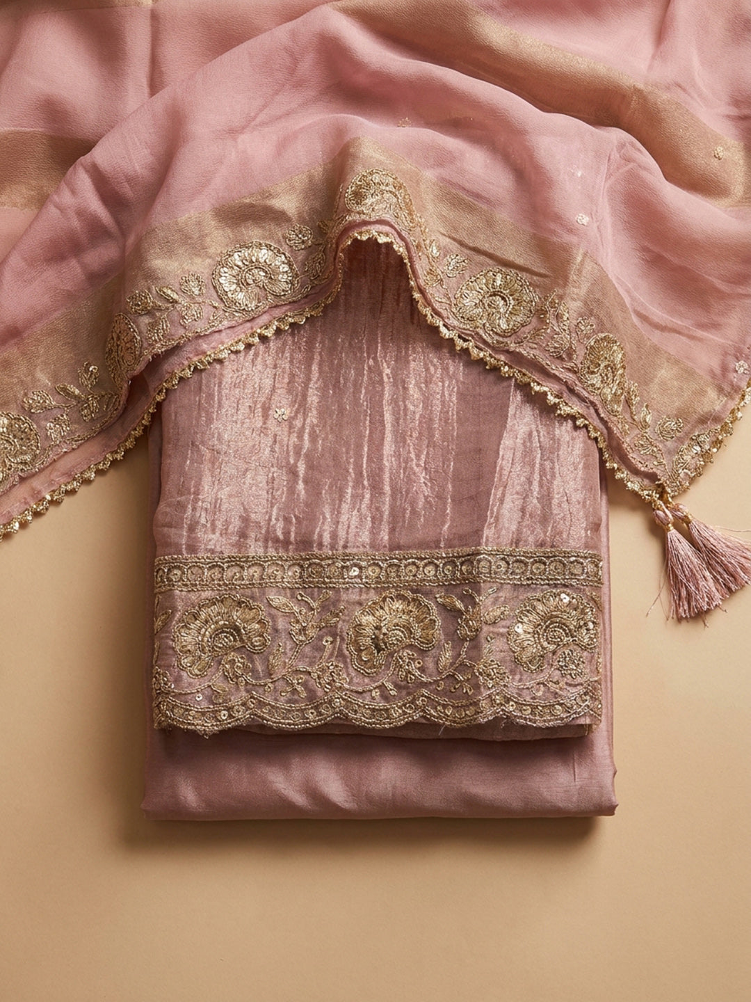 Pink Embroidered Tissue Unstitched Suit &amp; Pant With Tissue Dupatta