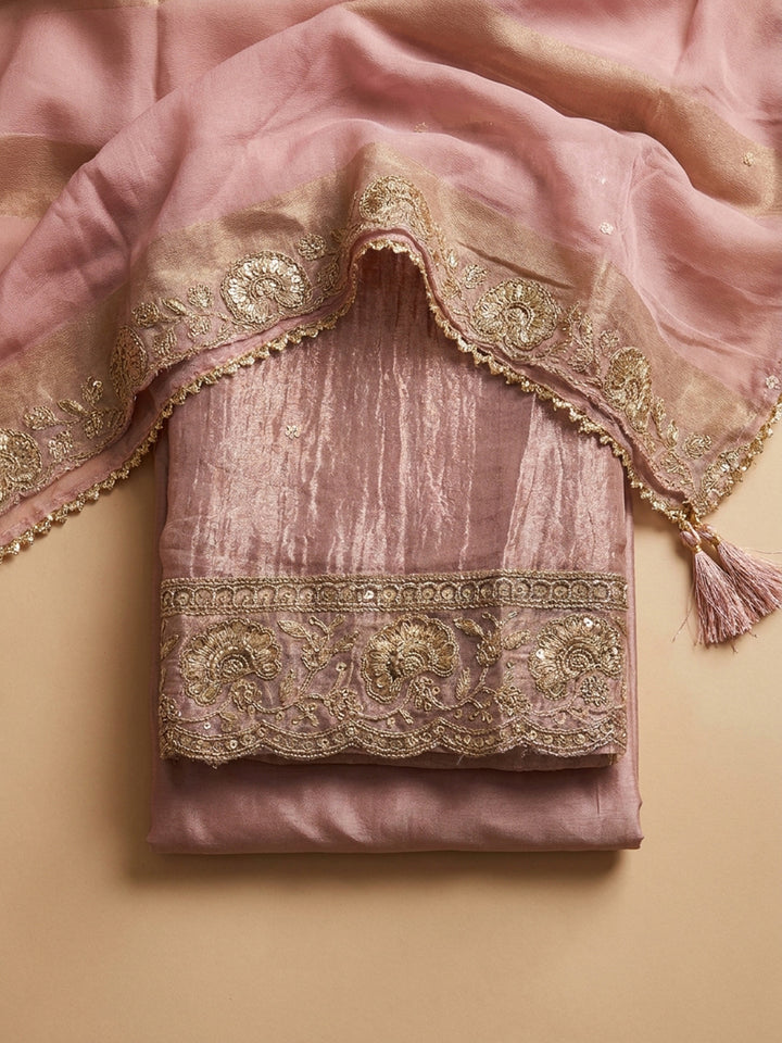 Pink Embroidered Tissue Unstitched Suit &amp; Pant With Tissue Dupatta