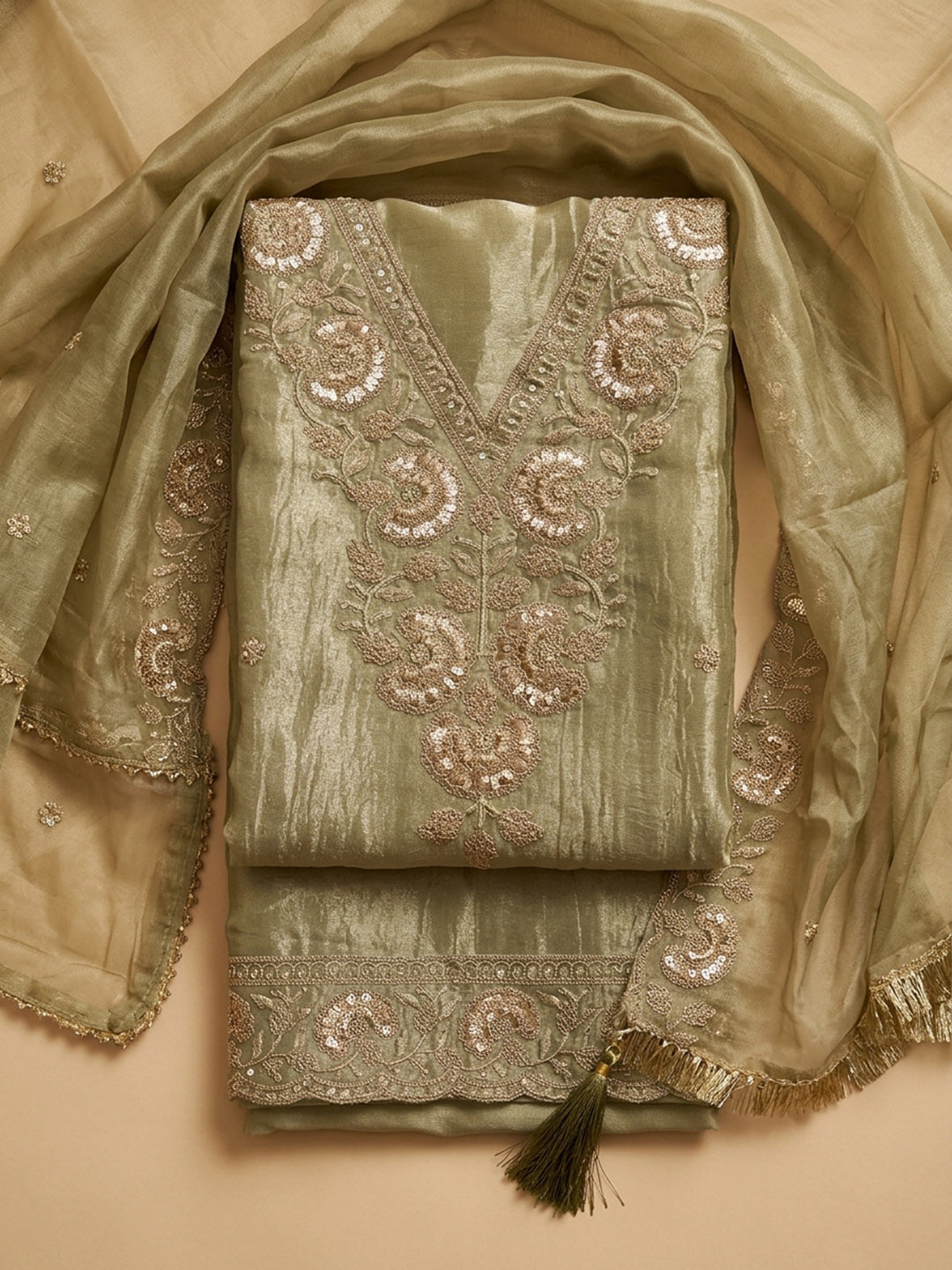 Pista Green Embroidered Tissue Unstitched Suit &amp; Pant With Tissue Dupatta