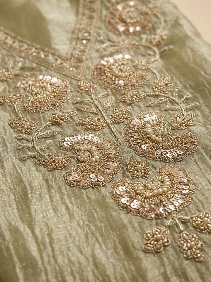 Pista Green Embroidered Tissue Unstitched Suit &amp; Pant With Tissue Dupatta