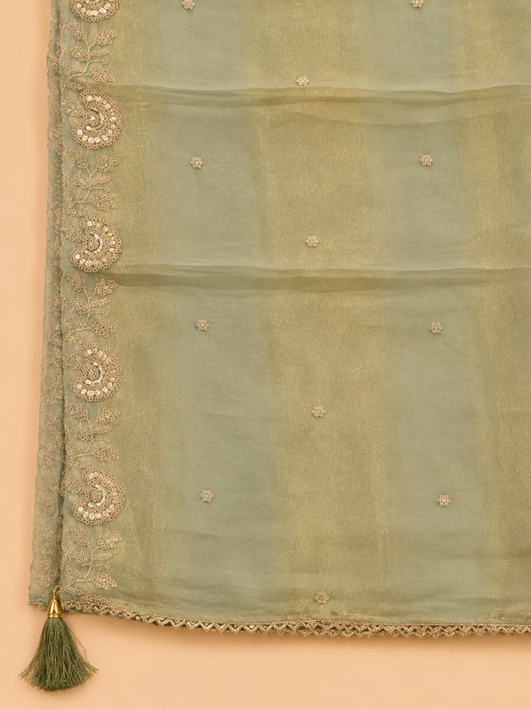 Pista Green Embroidered Tissue Unstitched Suit &amp; Pant With Tissue Dupatta