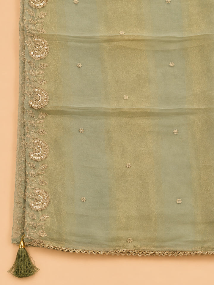 Pista Green Embroidered Tissue Unstitched Suit &amp; Pant With Tissue Dupatta