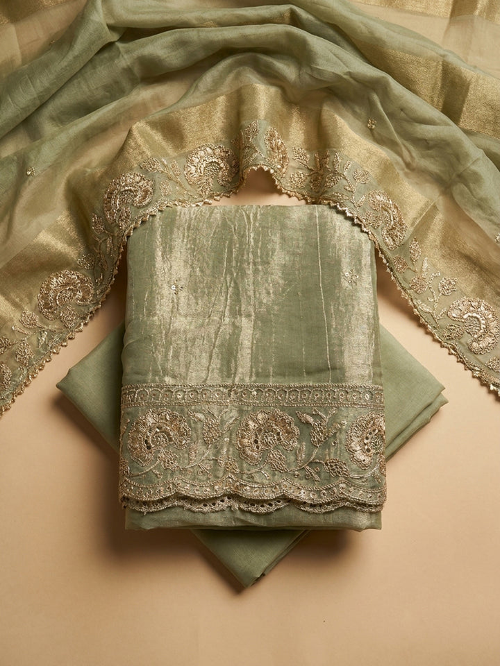 Pista Green Embroidered Tissue Unstitched Suit &amp; Pant With Tissue Dupatta