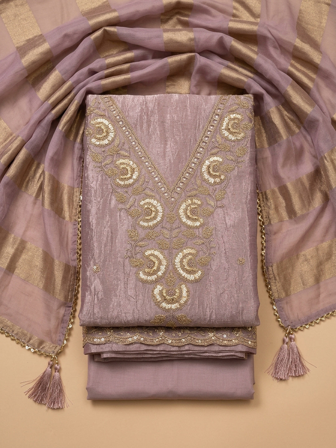 Purple Embroidered Tissue Unstitched Suit &amp; Pant With Tissue Dupatta