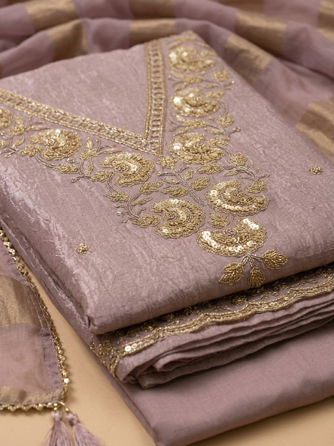 Purple Embroidered Tissue Unstitched Suit &amp; Pant With Tissue Dupatta