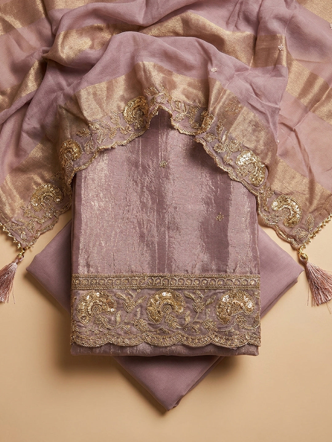 Purple Embroidered Tissue Unstitched Suit &amp; Pant With Tissue Dupatta