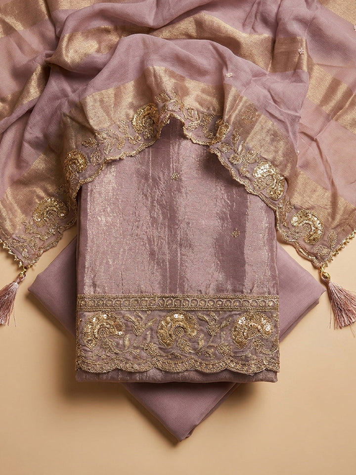 Purple Embroidered Tissue Unstitched Suit &amp; Pant With Tissue Dupatta