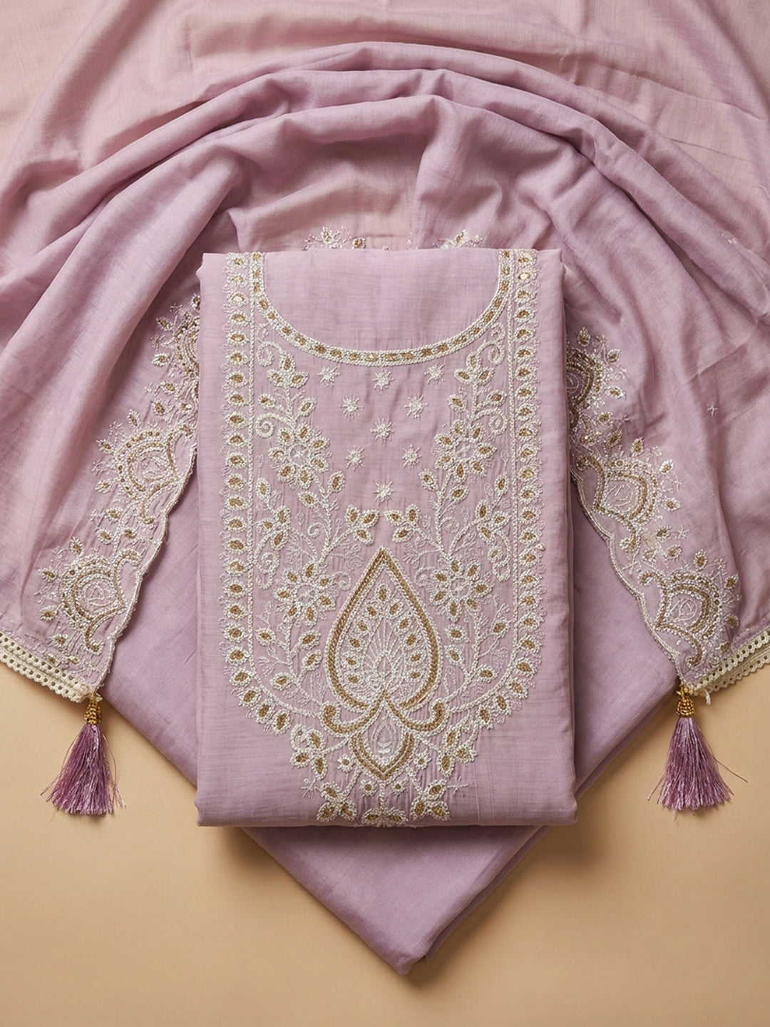 Onion Pink Embroidered Chanderi Unstitched Suit &amp; Pant With Chanderi Dupatta