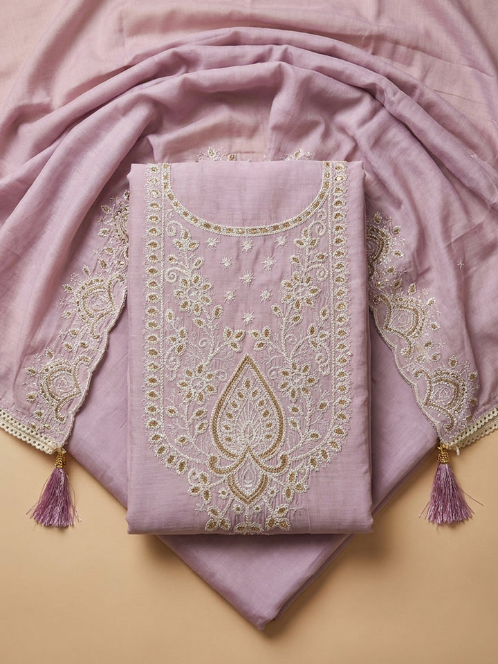Onion Pink Embroidered Chanderi Unstitched Suit &amp; Pant With Chanderi Dupatta