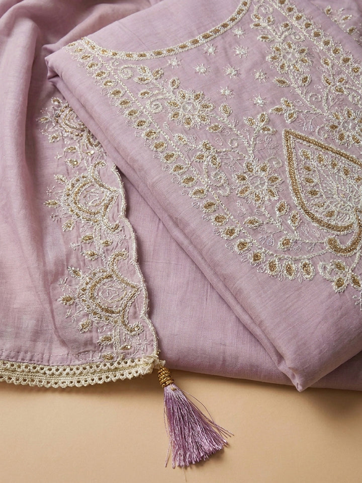 Onion Pink Embroidered Chanderi Unstitched Suit &amp; Pant With Chanderi Dupatta