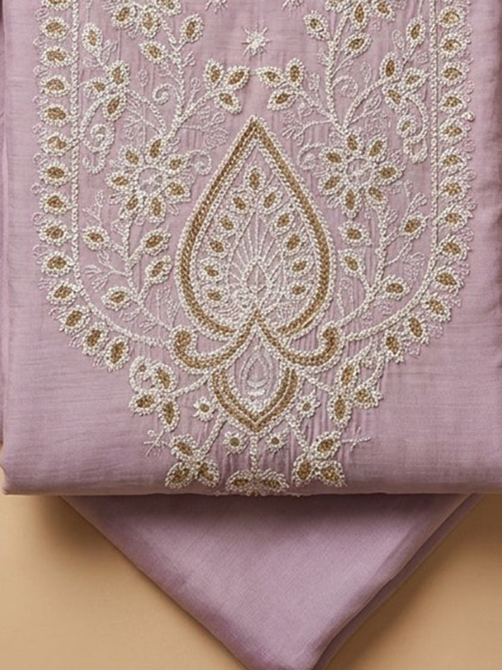 Onion Pink Embroidered Chanderi Unstitched Suit &amp; Pant With Chanderi Dupatta
