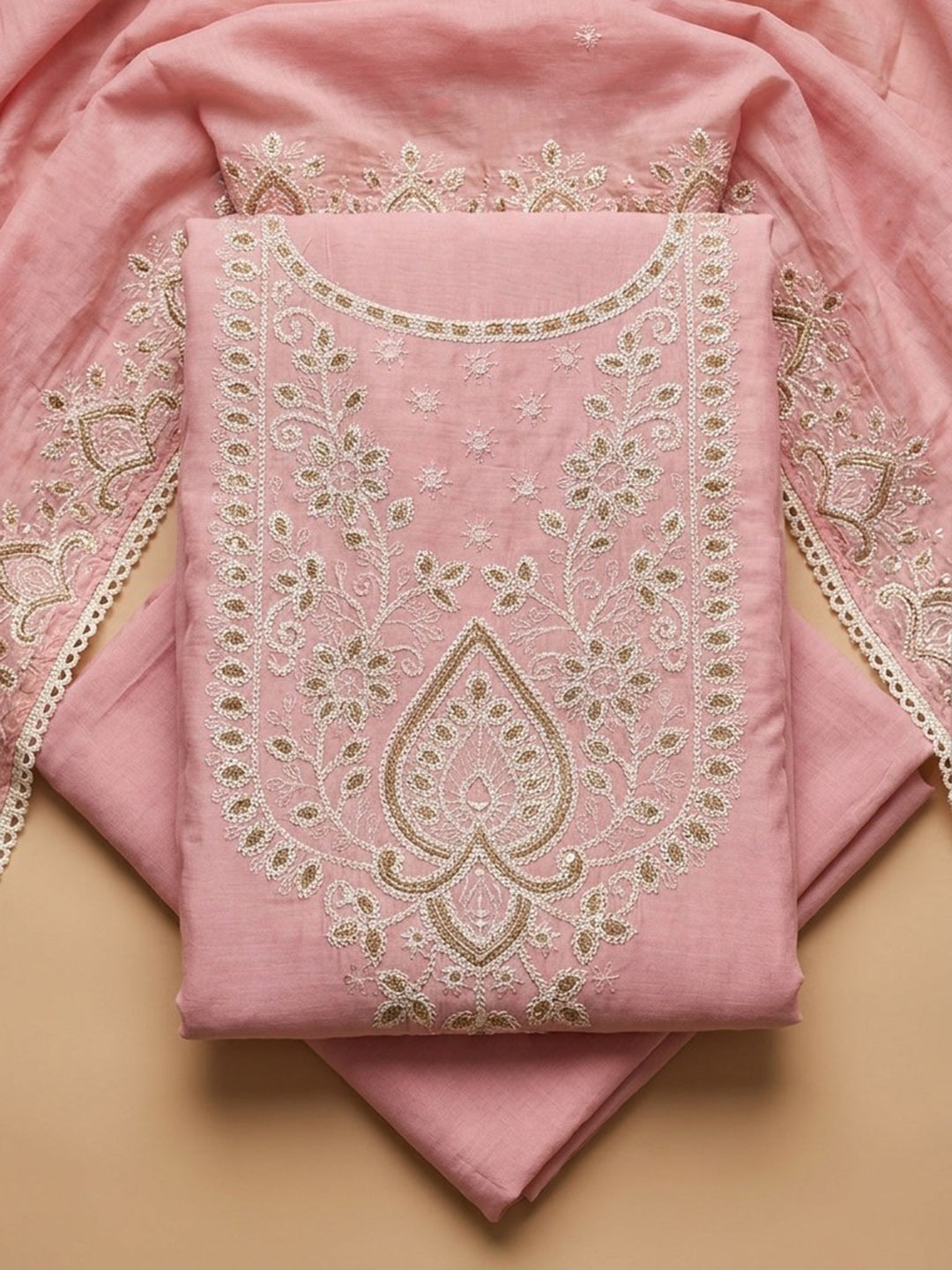 Peach Embroidered Chanderi Unstitched Suit &amp; Pant With Chanderi Dupatta