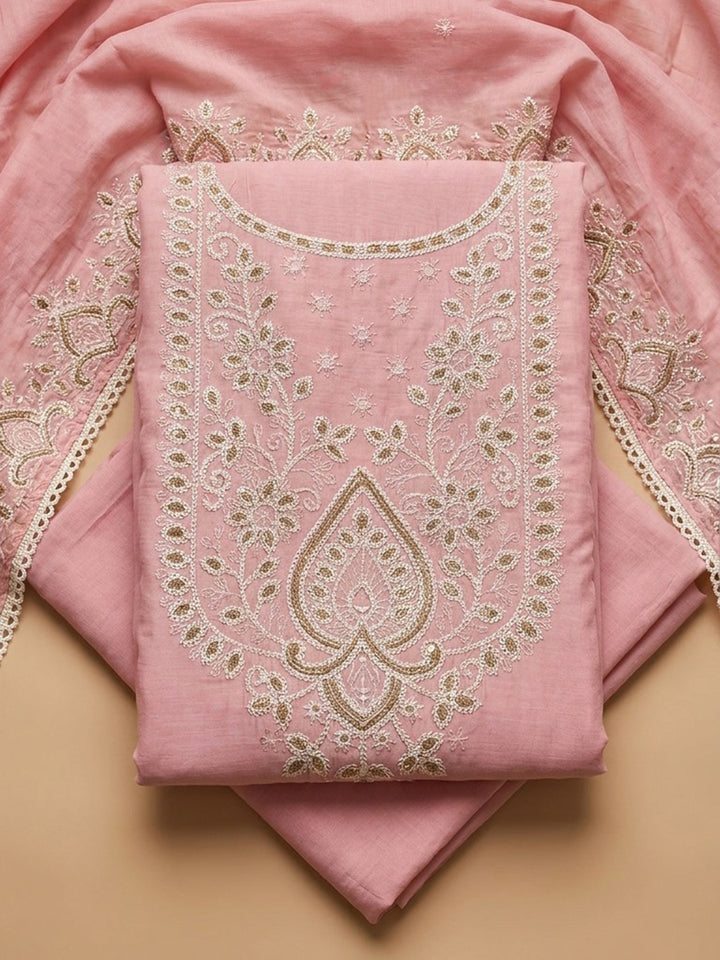 Peach Embroidered Chanderi Unstitched Suit &amp; Pant With Chanderi Dupatta