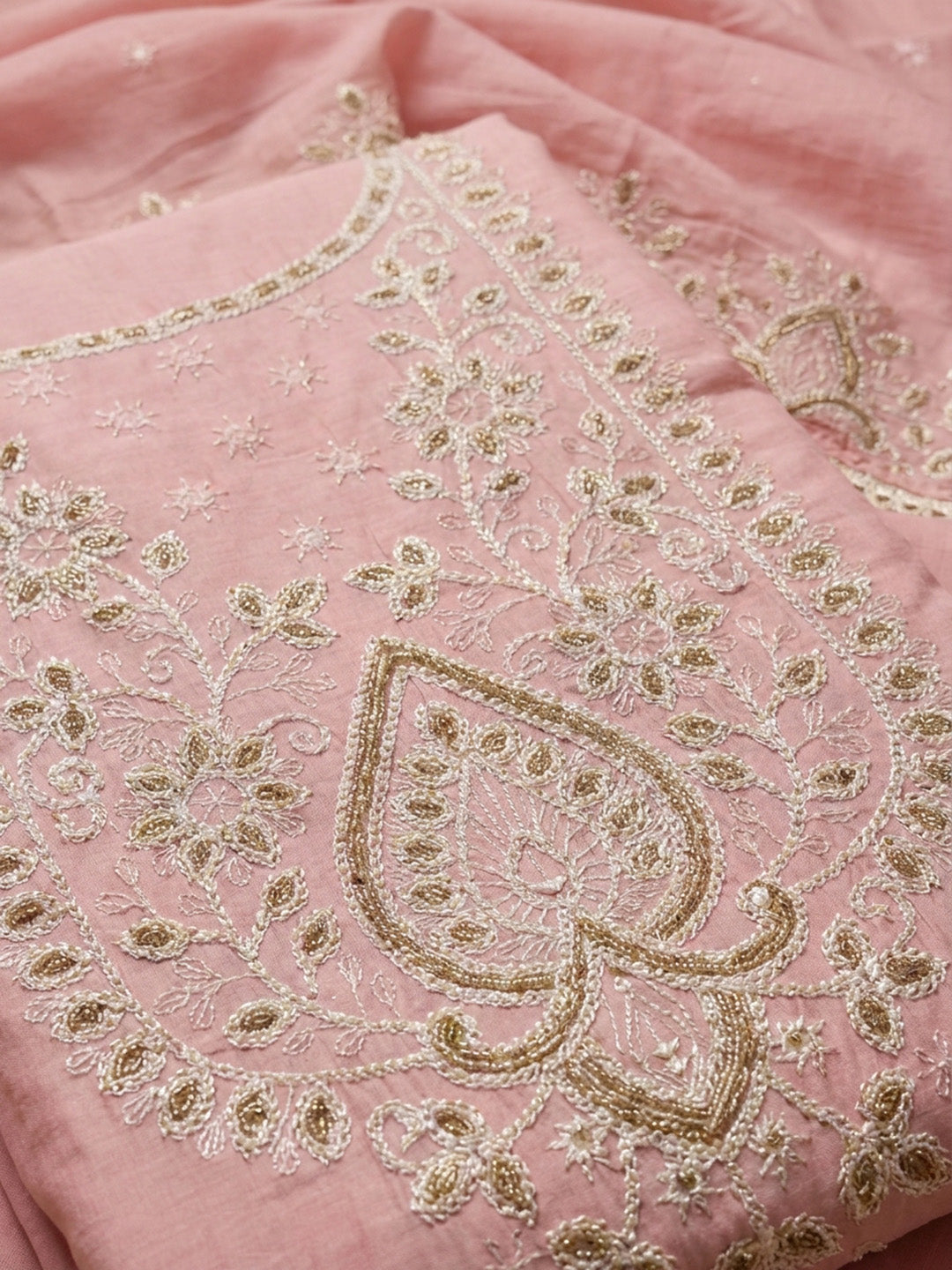 Peach Embroidered Chanderi Unstitched Suit &amp; Pant With Chanderi Dupatta