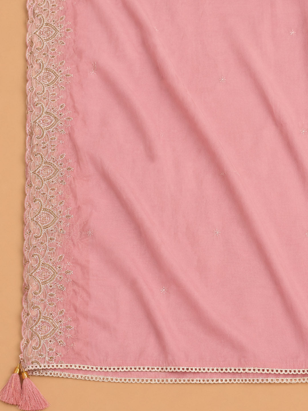 Peach Embroidered Chanderi Unstitched Suit &amp; Pant With Chanderi Dupatta