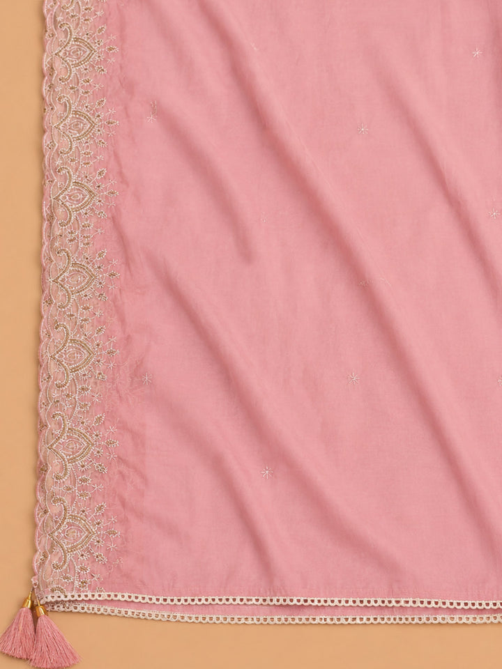 Peach Embroidered Chanderi Unstitched Suit &amp; Pant With Chanderi Dupatta