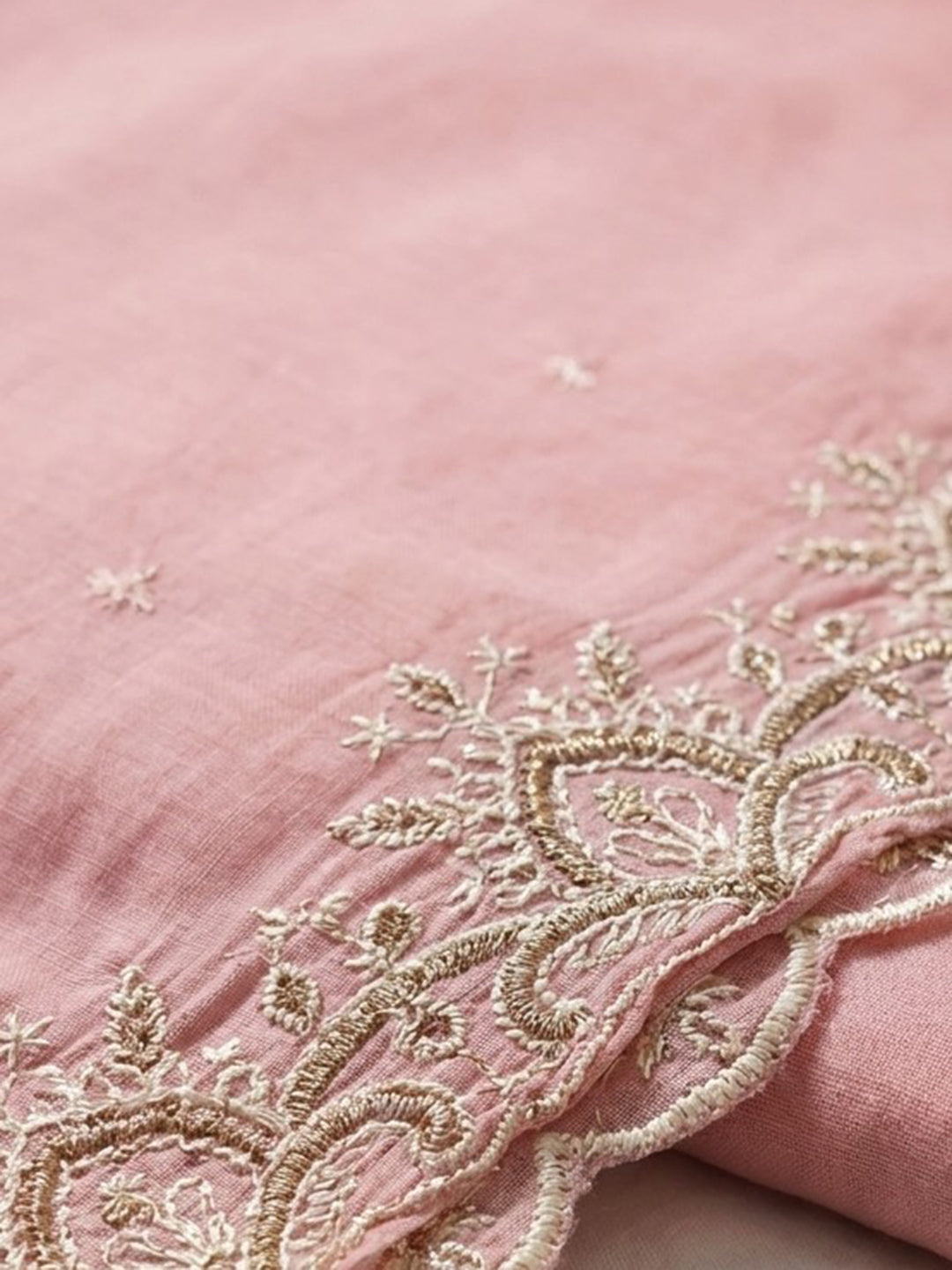 Peach Embroidered Chanderi Unstitched Suit &amp; Pant With Chanderi Dupatta