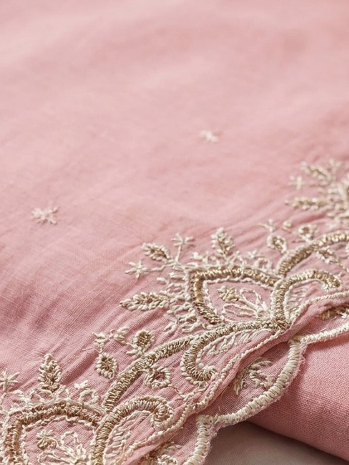 Peach Embroidered Chanderi Unstitched Suit &amp; Pant With Chanderi Dupatta