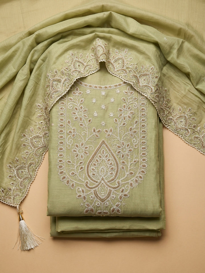 Pista Green Embroidered Chanderi Unstitched Suit &amp; Pant With Chanderi Dupatta