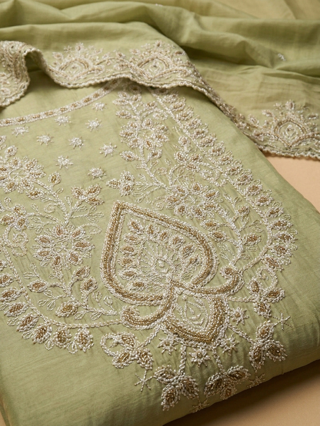 Pista Green Embroidered Chanderi Unstitched Suit &amp; Pant With Chanderi Dupatta