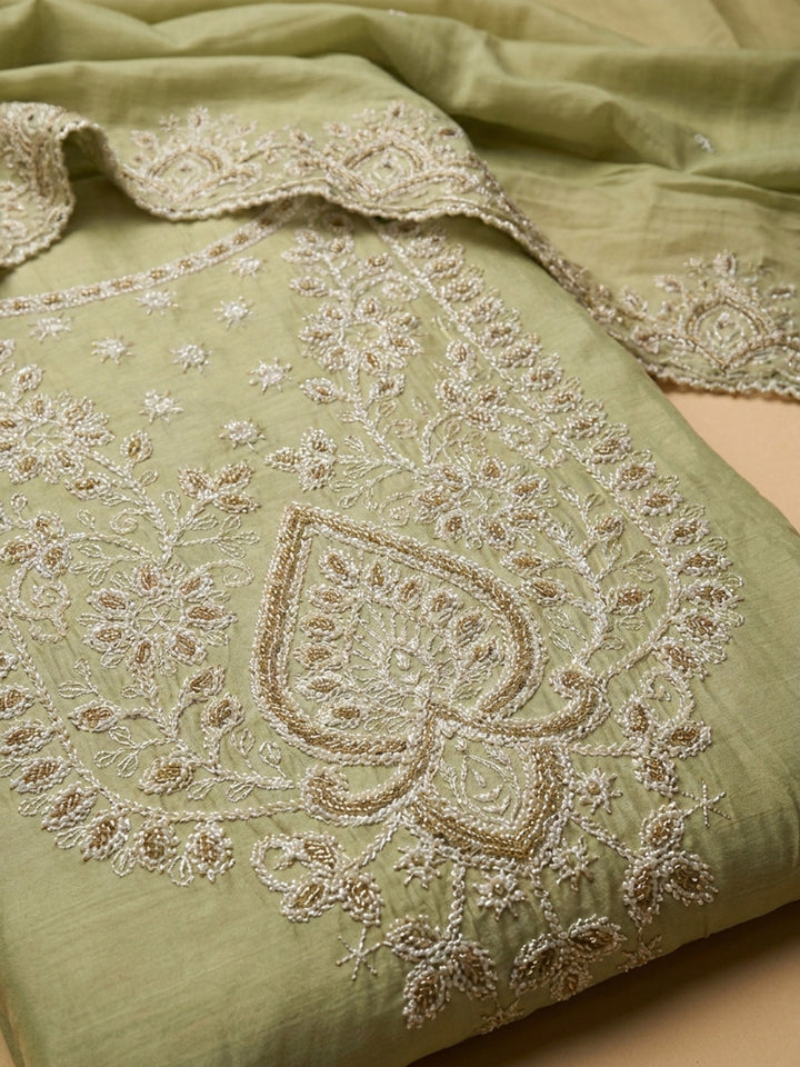 Pista Green Embroidered Chanderi Unstitched Suit &amp; Pant With Chanderi Dupatta