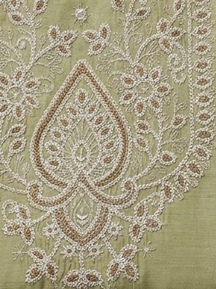 Pista Green Embroidered Chanderi Unstitched Suit &amp; Pant With Chanderi Dupatta