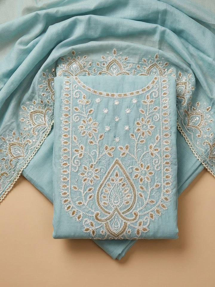 Sky Blue Embroidered Chanderi Unstitched Suit &amp; Pant With Chanderi Dupatta