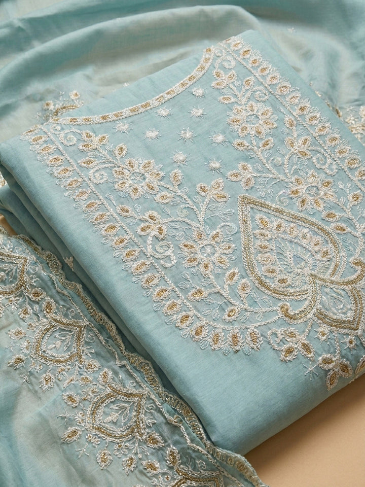 Sky Blue Embroidered Chanderi Unstitched Suit &amp; Pant With Chanderi Dupatta
