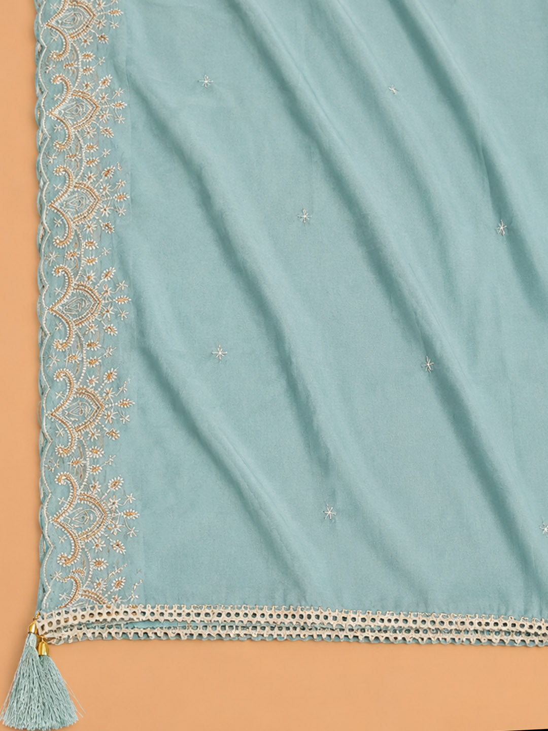 Sky Blue Embroidered Chanderi Unstitched Suit &amp; Pant With Chanderi Dupatta