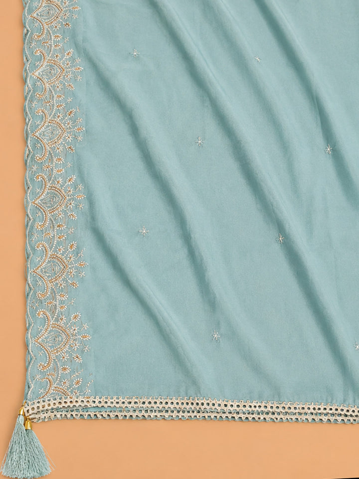 Sky Blue Embroidered Chanderi Unstitched Suit &amp; Pant With Chanderi Dupatta