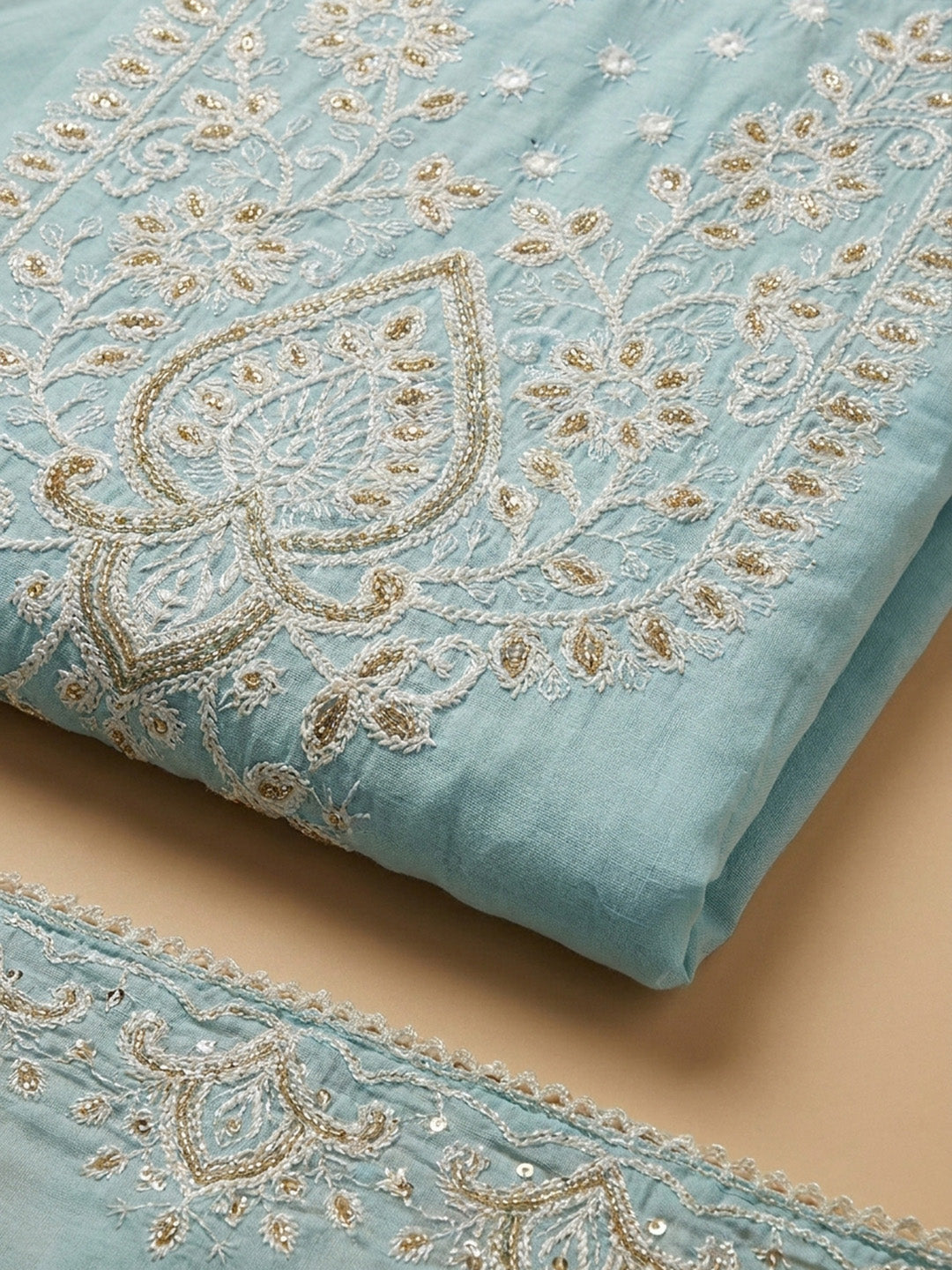 Sky Blue Embroidered Chanderi Unstitched Suit &amp; Pant With Chanderi Dupatta