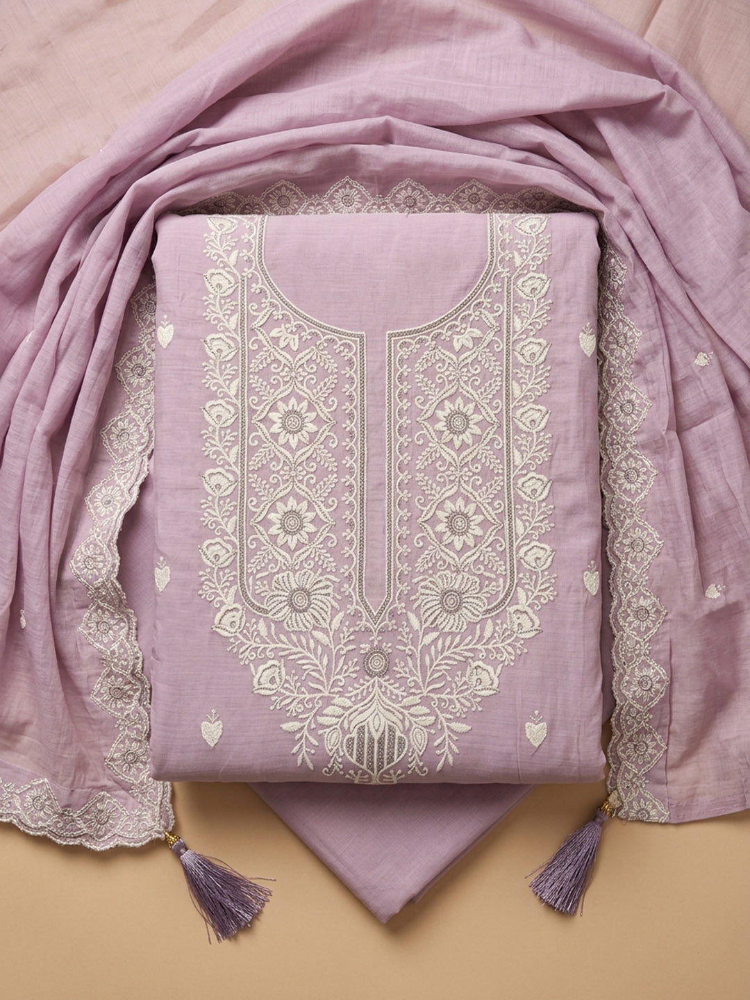 Lavender Embroidered Chanderi Unstitched Suit &amp; Pant With Chanderi Dupatta
