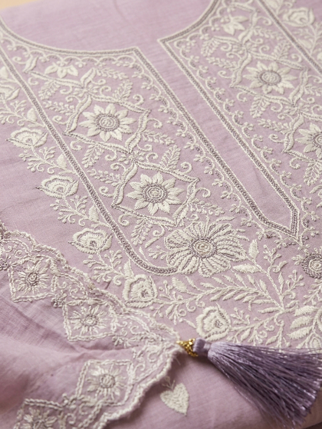 Lavender Embroidered Chanderi Unstitched Suit &amp; Pant With Chanderi Dupatta