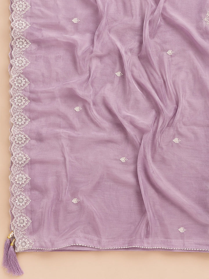 Lavender Embroidered Chanderi Unstitched Suit &amp; Pant With Chanderi Dupatta