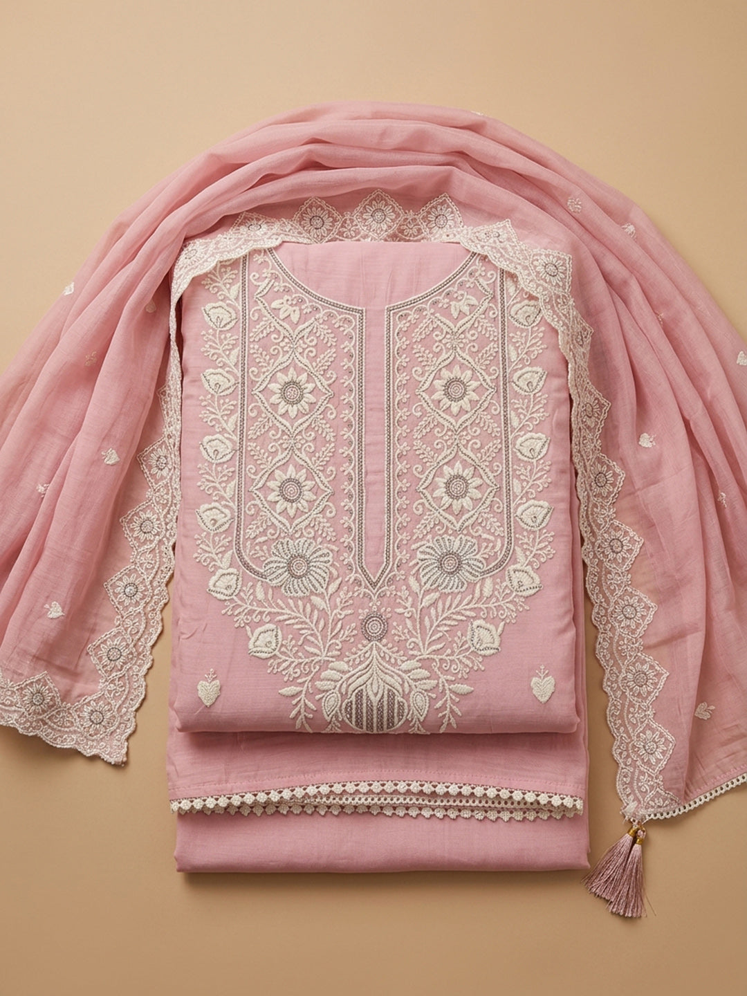 Peach Embroidered Chanderi Unstitched Suit &amp; Pant With Chanderi Dupatta