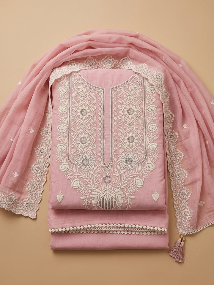 Peach Embroidered Chanderi Unstitched Suit &amp; Pant With Chanderi Dupatta