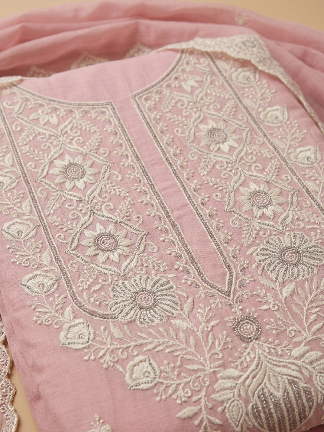 Peach Embroidered Chanderi Unstitched Suit &amp; Pant With Chanderi Dupatta