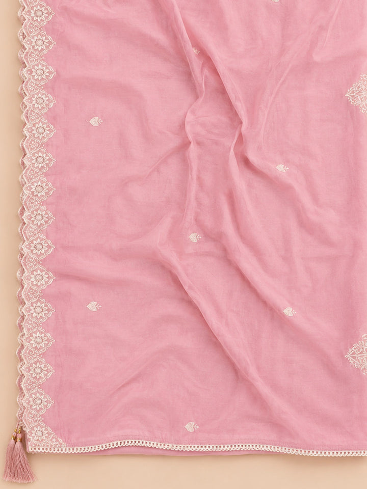 Peach Embroidered Chanderi Unstitched Suit &amp; Pant With Chanderi Dupatta