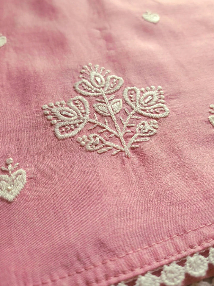 Peach Embroidered Chanderi Unstitched Suit &amp; Pant With Chanderi Dupatta