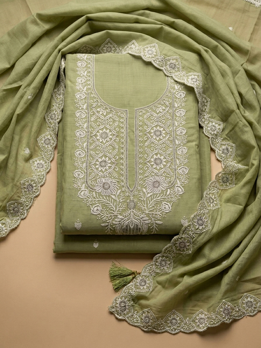 Pista Green Embroidered Chanderi Unstitched Suit &amp; Pant With Chanderi Dupatta