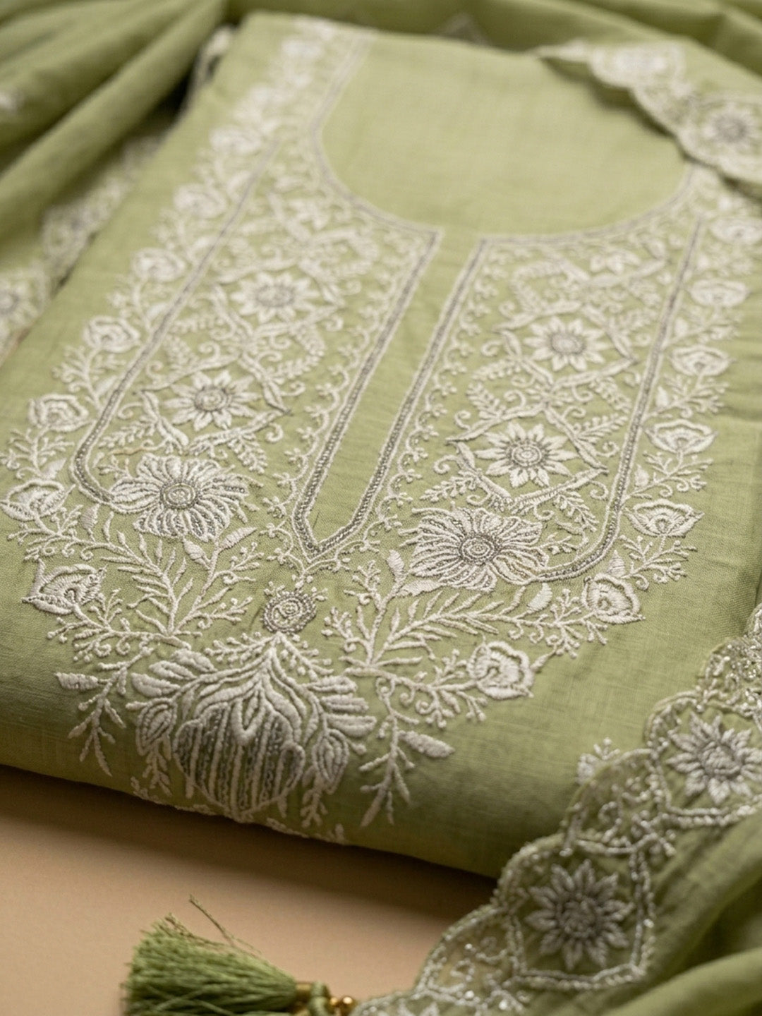 Pista Green Embroidered Chanderi Unstitched Suit &amp; Pant With Chanderi Dupatta