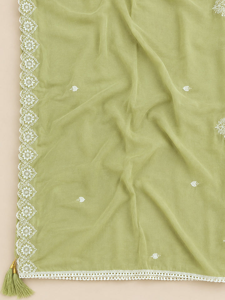 Pista Green Embroidered Chanderi Unstitched Suit &amp; Pant With Chanderi Dupatta