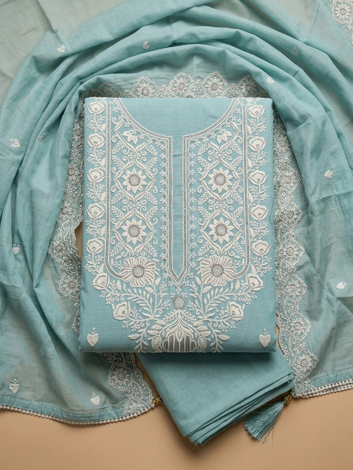 Sky Blue Embroidered Chanderi Unstitched Suit &amp; Pant With Chanderi Dupatta
