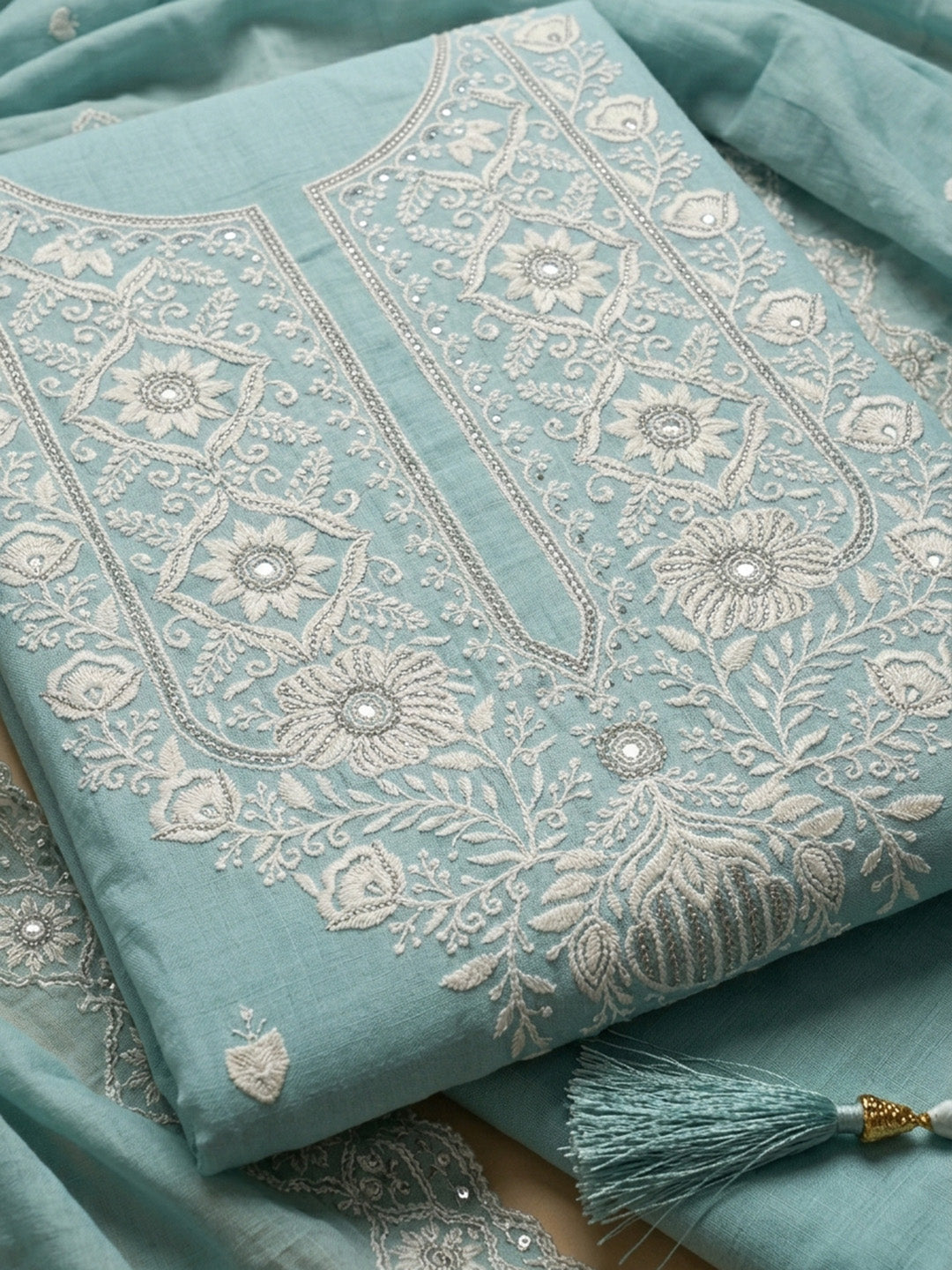 Sky Blue Embroidered Chanderi Unstitched Suit &amp; Pant With Chanderi Dupatta