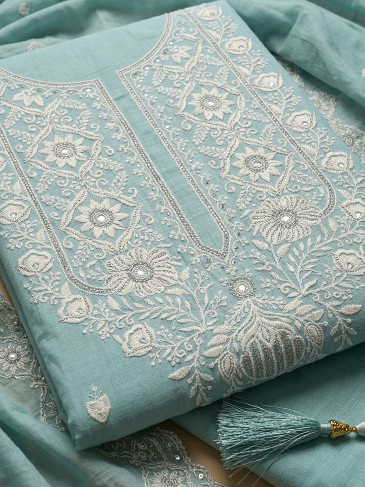 Sky Blue Embroidered Chanderi Unstitched Suit &amp; Pant With Chanderi Dupatta